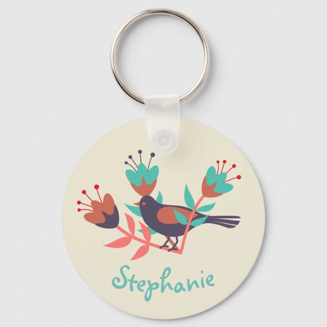 Bird and Floral Folk Art Keychain (Front)
