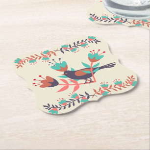 Bird and Floral Folk Art Paper Coaster
