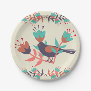 Bird and Floral Folk Art Paper Plates