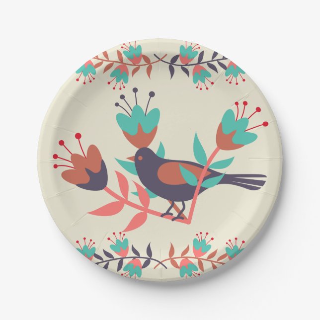 Bird and Floral Folk Art Paper Plates (Front)