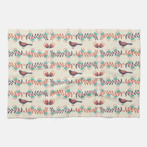 Bird and Floral Folk Art Pattern Kitchen Towel