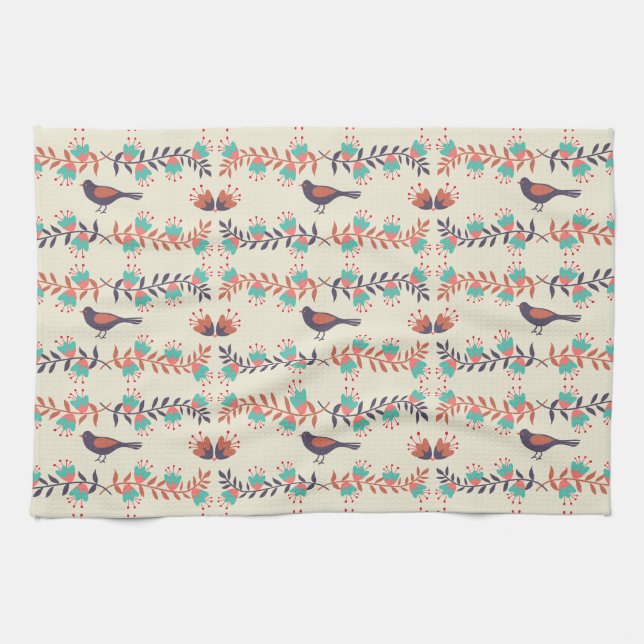 Bird and Floral Folk Art Pattern Kitchen Towel (Horizontal)