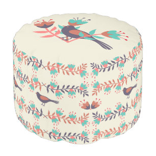 Bird and Floral Folk Art Pouf