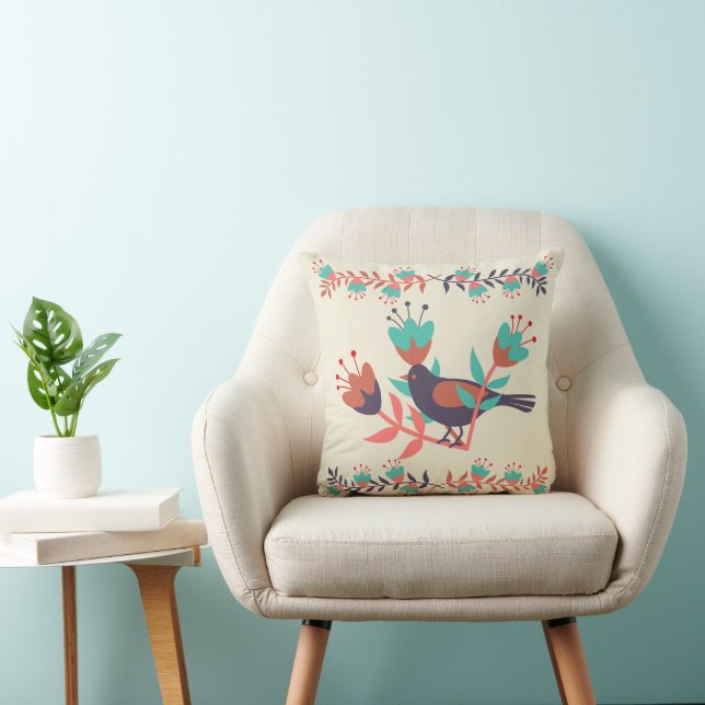 Bird and Floral Folk Art Throw Pillow (Chair)