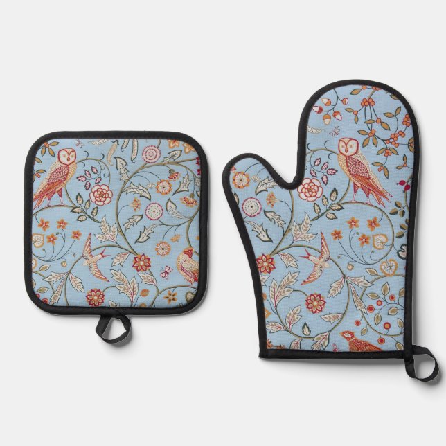Bird and Floral Pattern, William Morris Oven Mitt & Pot Holder Set (Front)