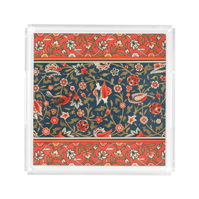 Bird and Flower Persian Blue Red Pattern Acrylic Tray (Front)