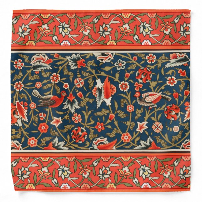 Bird and Flower Persian Blue Red Pattern Bandana (Front)