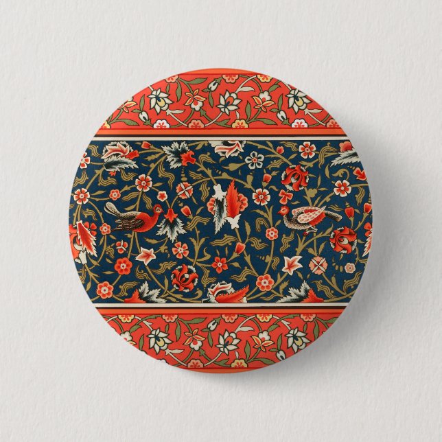 Bird and Flower Persian Blue Red Pattern Button (Front)