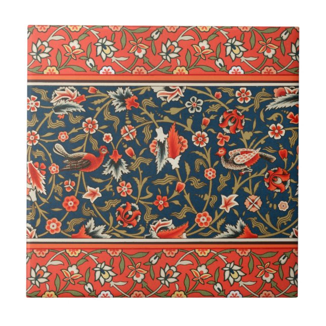 Bird and Flower Persian Blue Red Pattern Ceramic Tile (Front)