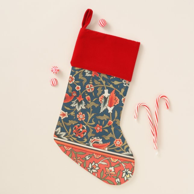 Bird and Flower Persian Blue Red Pattern Christmas Stocking (Front)
