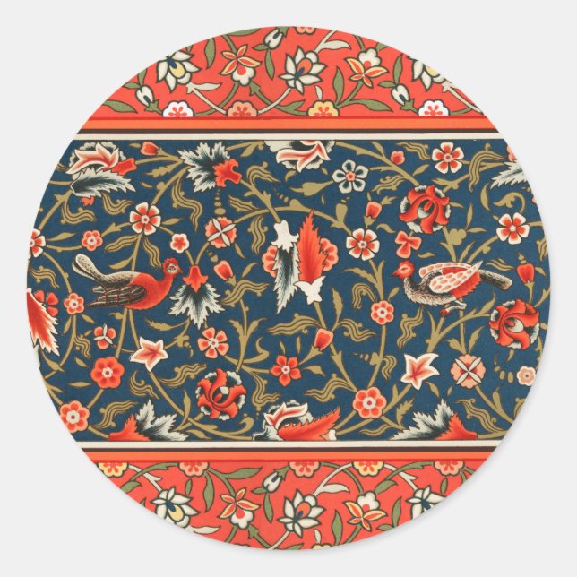 Bird and Flower Persian Blue Red Pattern Classic Round Sticker (Front)