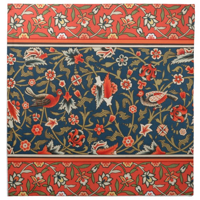 Bird and Flower Persian Blue Red Pattern Cloth Napkin (Front)