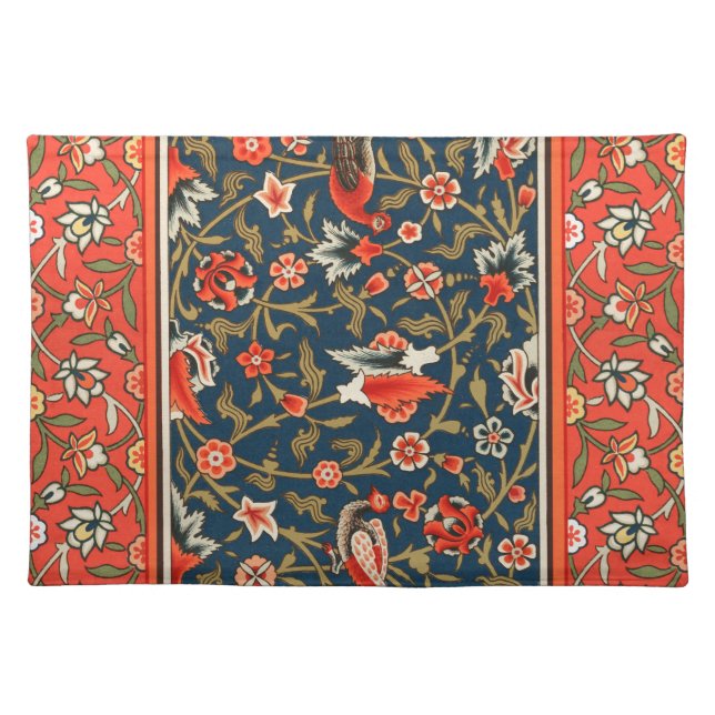 Bird and Flower Persian Blue Red Pattern Cloth Placemat (Front)