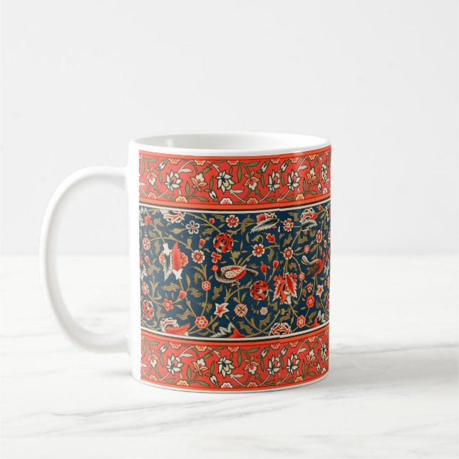 Bird and Flower Persian Blue Red Pattern Coffee Mug (Left)