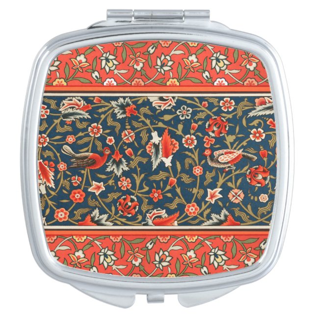 Bird and Flower Persian Blue Red Pattern Compact Mirror (Front)