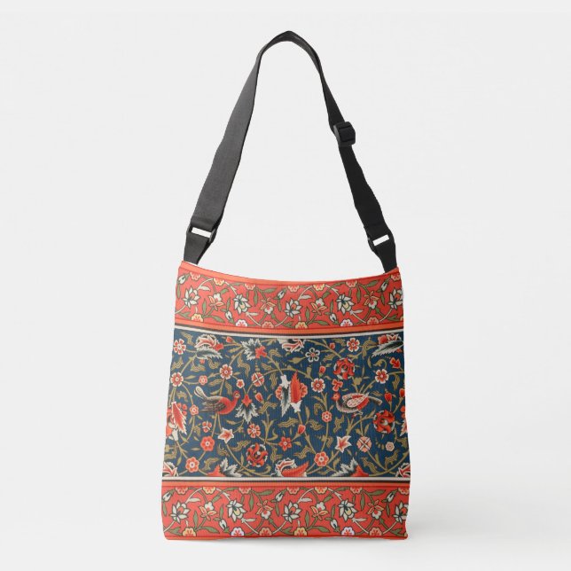 Bird and Flower Persian Blue Red Pattern Crossbody Bag (Front)