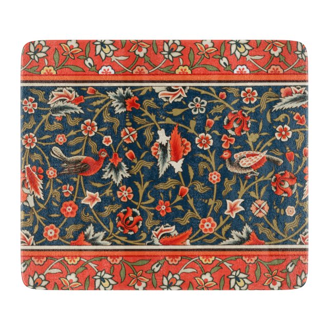 Bird and Flower Persian Blue Red Pattern Cutting Board (Front)