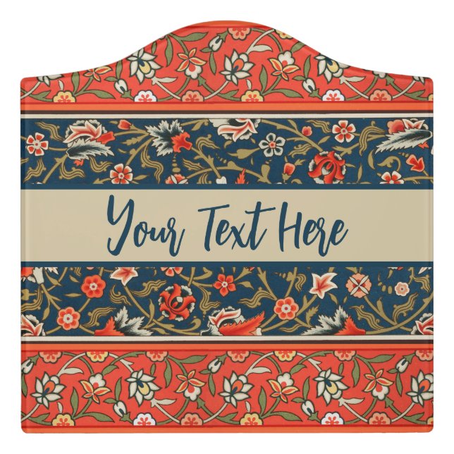 Bird and Flower Persian Blue Red Pattern Door Sign (Large Crest Front)
