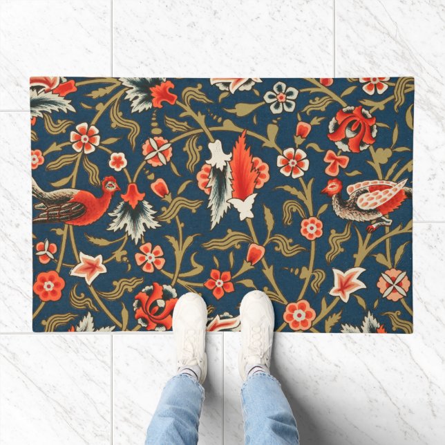 Bird and Flower Persian Blue Red Pattern Doormat (Indoor)