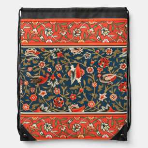 Bird and Flower Persian Blue Red Pattern Drawstring Bag