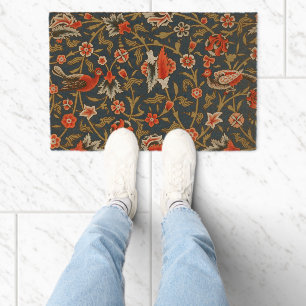 Bird and Flower Persian Blue Red Pattern Fiber Doormat