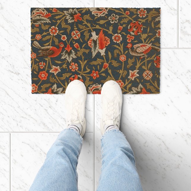 Bird and Flower Persian Blue Red Pattern Fiber Doormat (Insitu)
