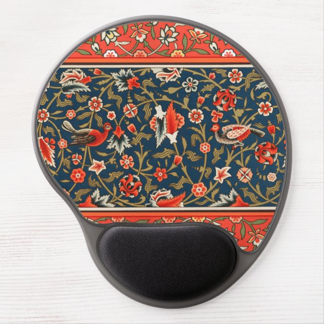 Bird and Flower Persian Blue Red Pattern Gel Mouse Pad (Front)
