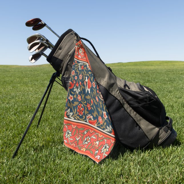 Bird and Flower Persian Blue Red Pattern Golf Towel (Green)