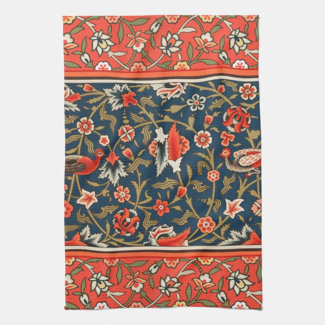 Bird and Flower Persian Blue Red Pattern Kitchen Towel (Vertical)