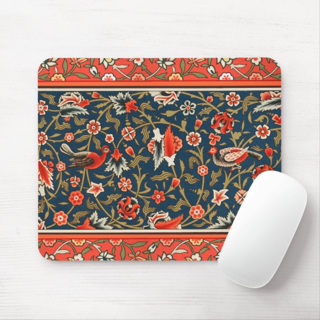 Bird and Flower Persian Blue Red Pattern Mouse Pad (With Mouse)