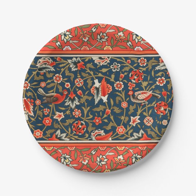 Bird and Flower Persian Blue Red Pattern Paper Plates (Front)