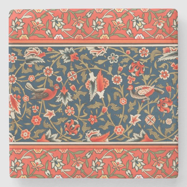 Bird and Flower Persian Blue Red Pattern Stone Coaster (Front)