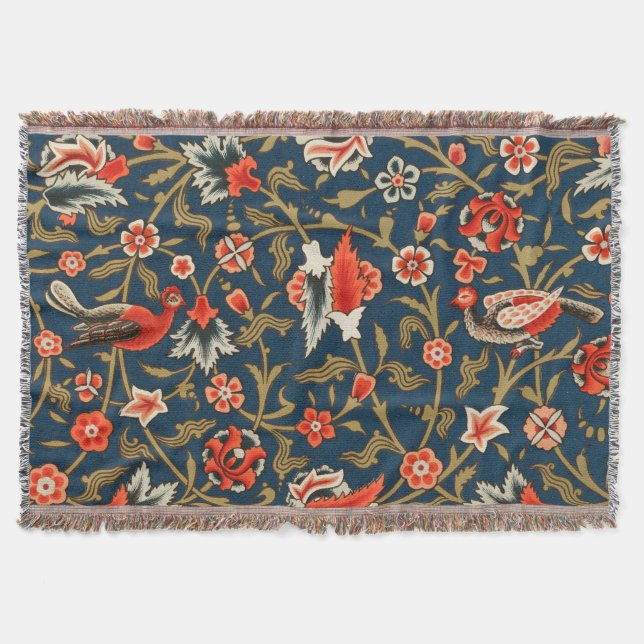 Bird and Flower Persian Blue Red Pattern Throw Blanket (Front)