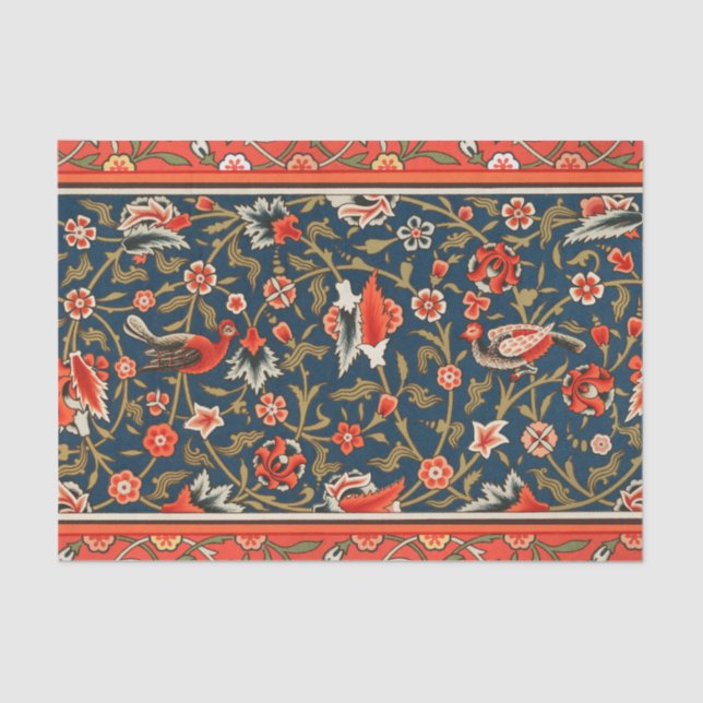 Bird and Flower Persian Blue Red Pattern Tissue Paper (Front)