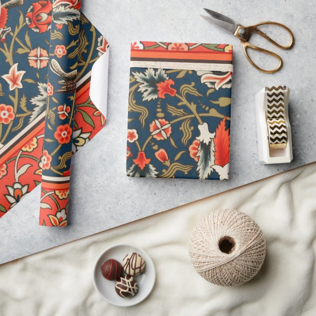 Bird and Flower Persian Blue Red Pattern Wrapping Paper (Crafts)