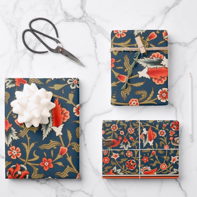 Bird and Flower Persian Blue Red Pattern Wrapping Paper Sheets (Front)