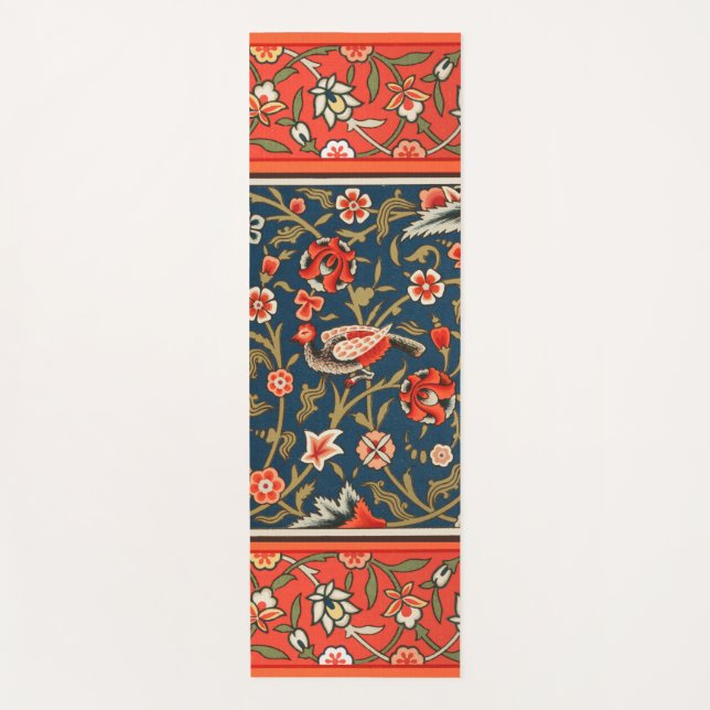 Bird and Flower Persian Blue Red Pattern Yoga Mat (Front)
