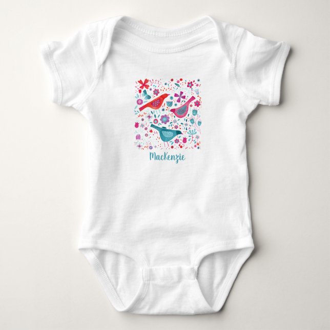 Bird and Flower Watercolor Personalized Baby Bodysuit (Front)