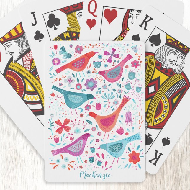 Bird and Flower Watercolor Personalized Poker Cards (Personalized name script watercolor bird and wild flower art playing cards)