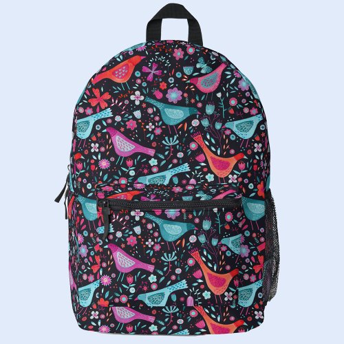 Bird and Flower Watercolor Printed Backpack