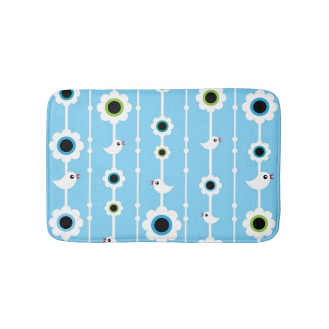 bird and flowers blue pattern bath mat (Front)