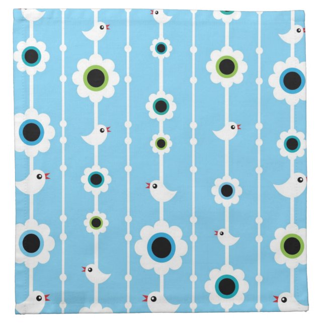 bird and flowers blue pattern cloth napkin (Front)