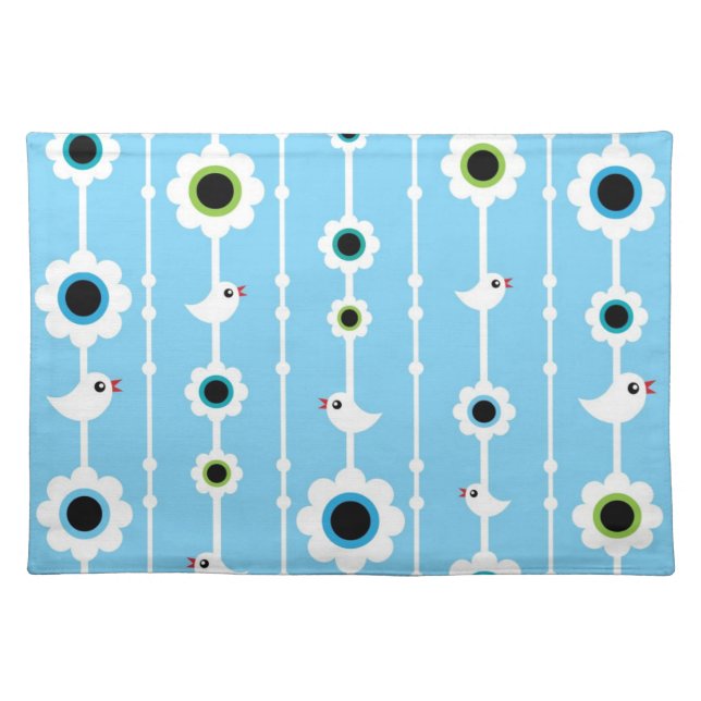 bird and flowers blue pattern cloth placemat (Front)