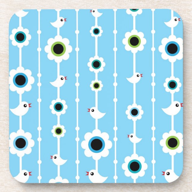 bird and flowers blue pattern coaster (Front)