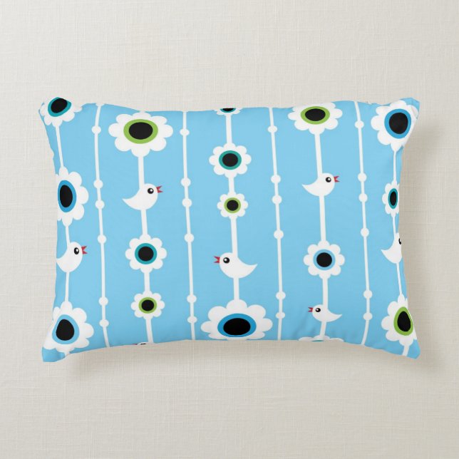 bird and flowers blue pattern decorative pillow (Front)