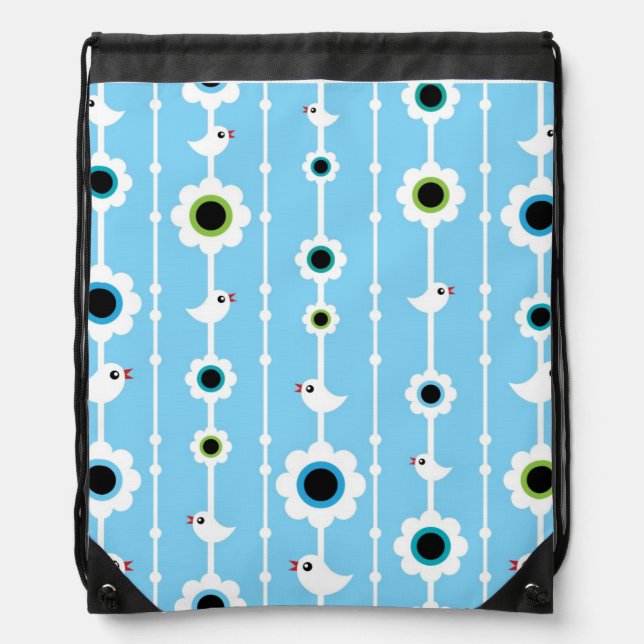 bird and flowers blue pattern drawstring bag (Front)