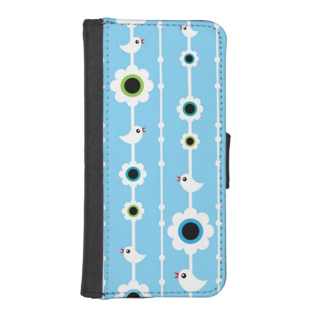 bird and flowers blue pattern iPhone wallet case (Front)