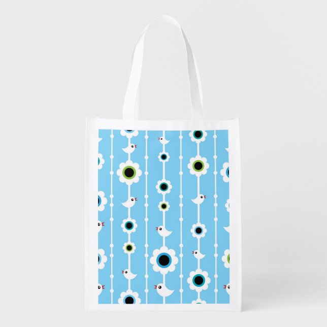 bird and flowers blue pattern reusable grocery bag (Front)