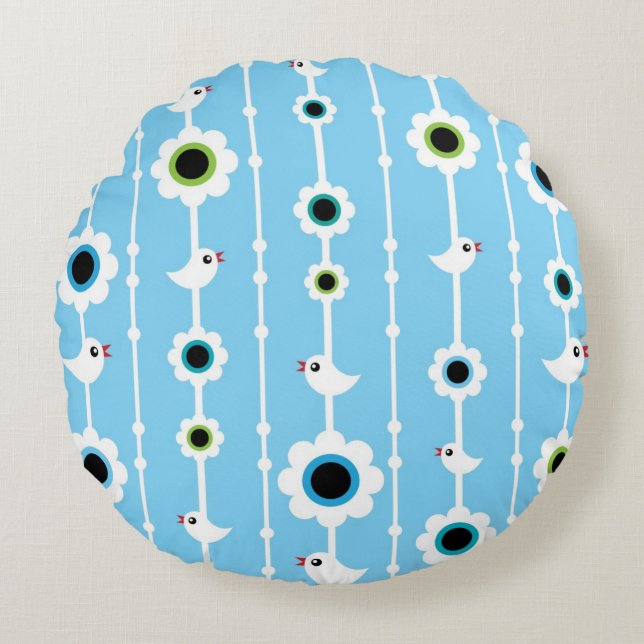 bird and flowers blue pattern round pillow (Front)