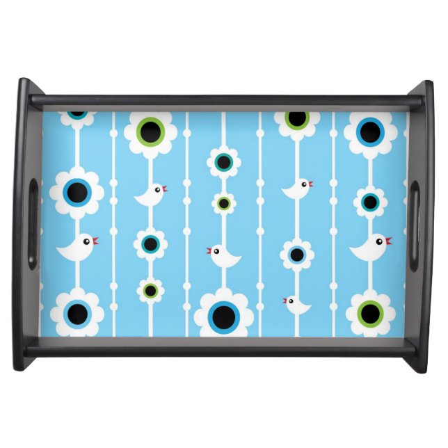 bird and flowers blue pattern serving tray (Front)